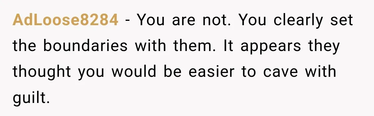 AdLoose8284 − You are not. You clearly set the boundaries with them. It appears they thought you would be easier to cave with guilt.