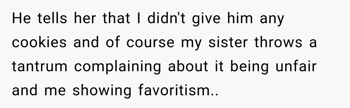 He tells her that I didn't give him any cookies and of course my sister throws a tantrum complaining about it being unfair and me showing favoritism..