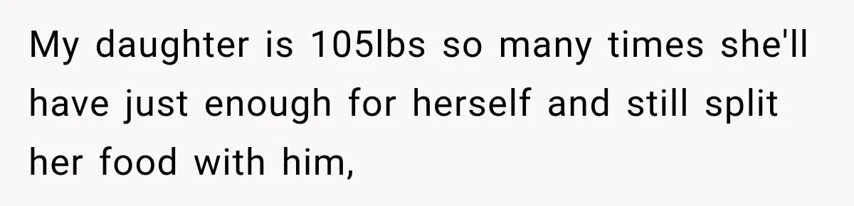 My daughter is 105lbs so many times she'll have just enough for herself and still split her food with him,