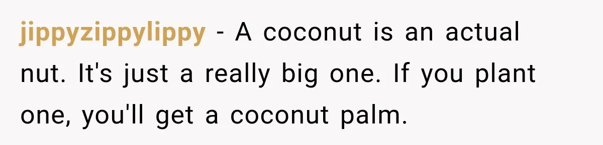 jippyzippylippy − A coconut is an actual nut. It's just a really big one. If you plant one, you'll get a coconut palm.