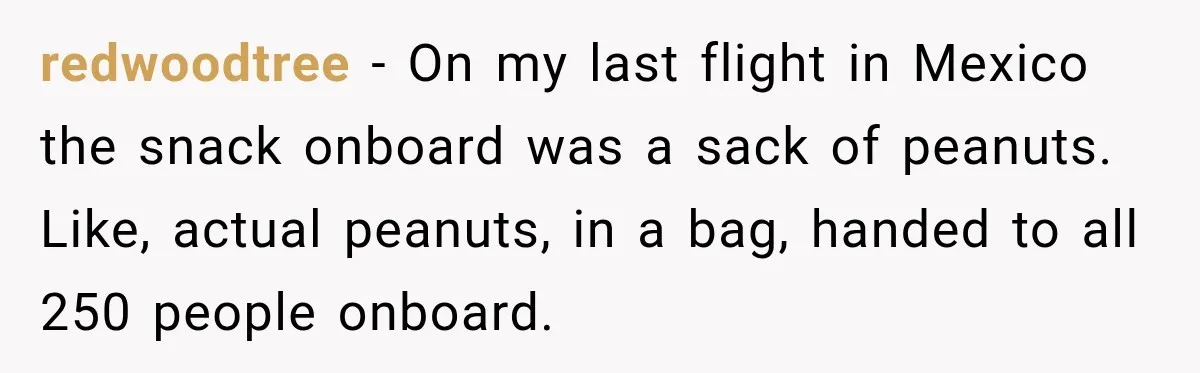 redwoodtree − On my last flight in Mexico the snack onboard was a sack of peanuts. Like, actual peanuts, in a bag, handed to all 250 people onboard.