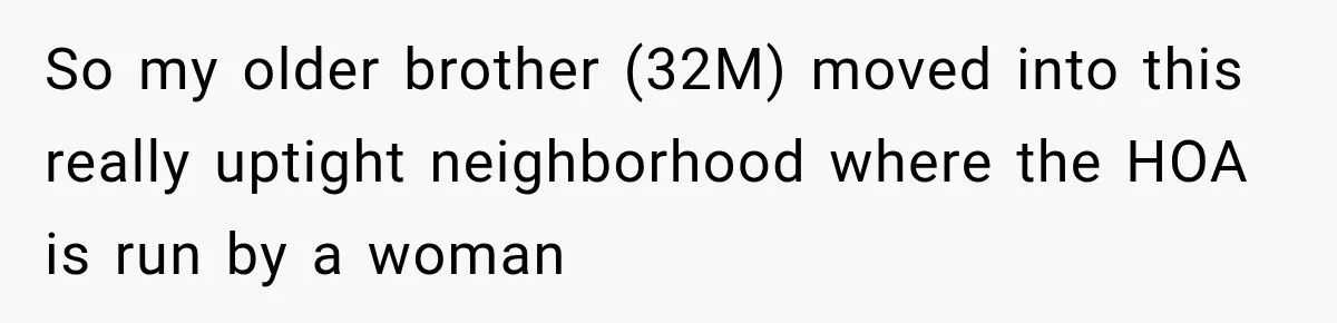 So my older brother (32M) moved into this really uptight neighborhood where the HOA is run by a woman