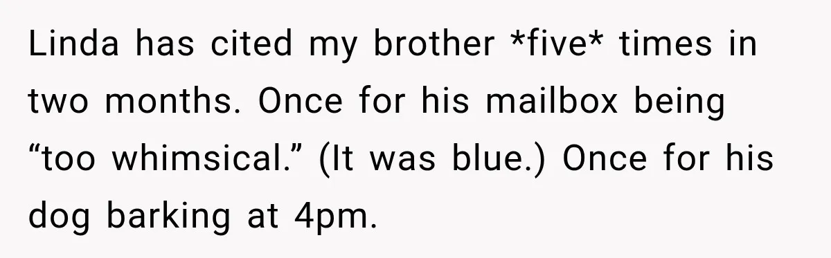 Linda has cited my brother *five* times in two months. Once for his mailbox being “too whimsical.” (It was blue.) Once for his dog barking at 4pm.