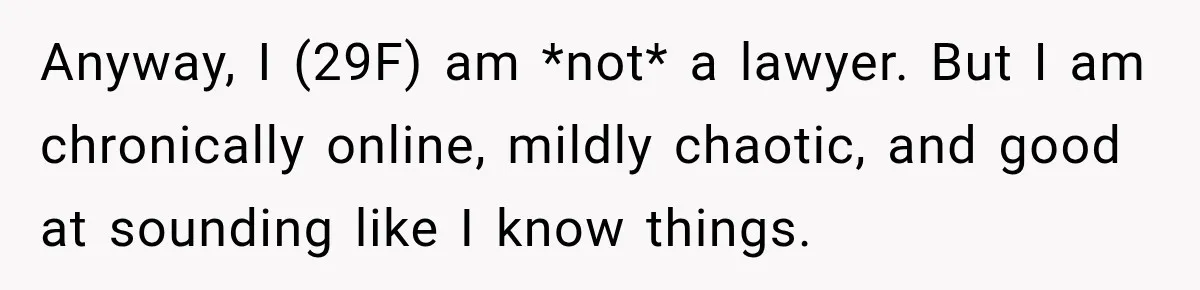 Anyway, I (29F) am *not* a lawyer. But I am chronically online, mildly chaotic, and good at sounding like I know things.