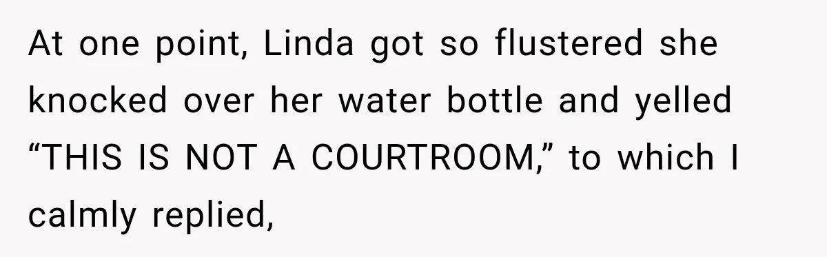 At one point, Linda got so flustered she knocked over her water bottle and yelled “THIS IS NOT A COURTROOM,” to which I calmly replied,