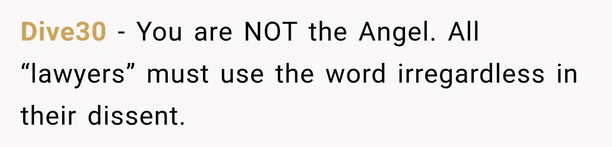 Dive30 − You are NOT the Angel. All “lawyers” must use the word irregardless in their dissent.