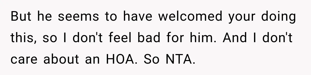 But he seems to have welcomed your doing this, so I don't feel bad for him. And I don't care about an HOA. So NTA.