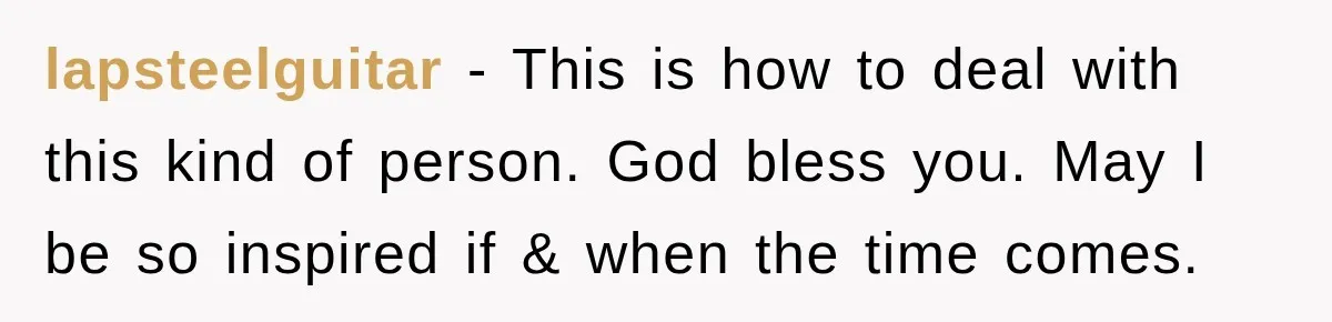 lapsteelguitar − This is how to deal with this kind of person. God bless you. May I be so inspired if & when the time comes.