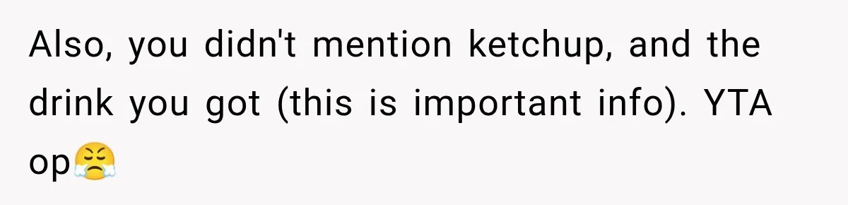 Also, you didn't mention ketchup, and the drink you got (this is important info). YTA op😤