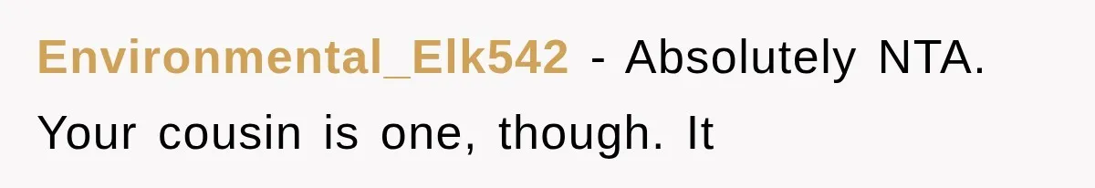 Environmental_Elk542 − Absolutely NTA. Your cousin is one, though. It