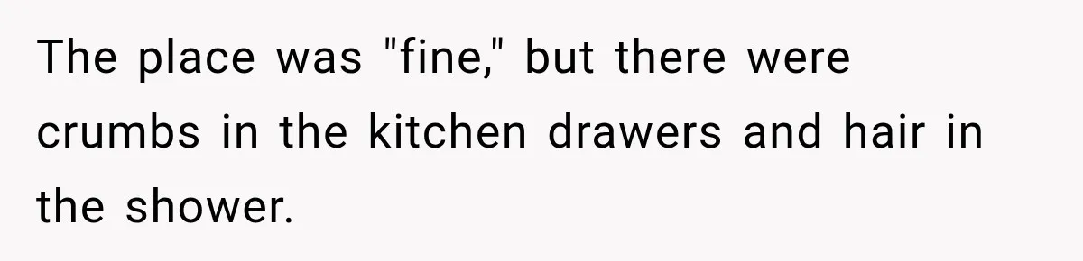 The place was "fine," but there were crumbs in the kitchen drawers and hair in the shower.
