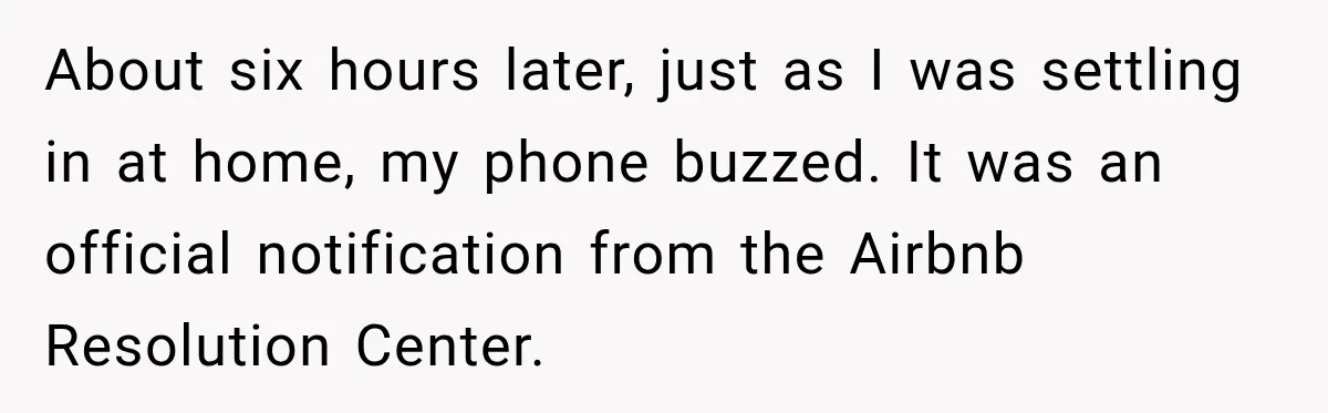 About six hours later, just as I was settling in at home, my phone buzzed. It was an official notification from the Airbnb Resolution Center.