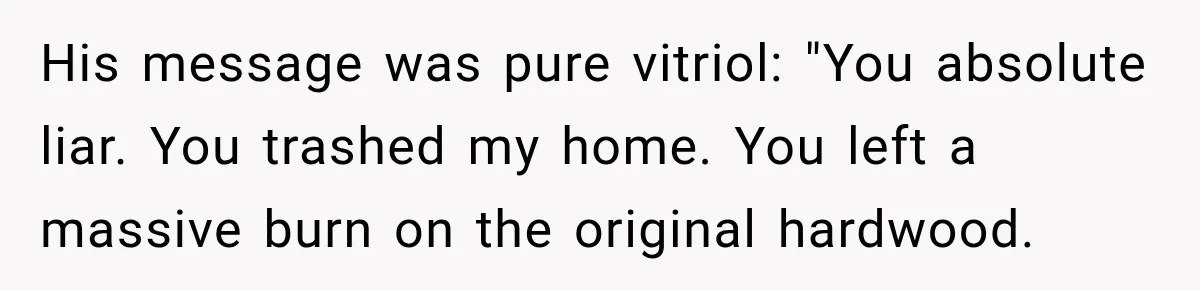 His message was pure vitriol: "You absolute liar. You trashed my home. You left a massive burn on the original hardwood.
