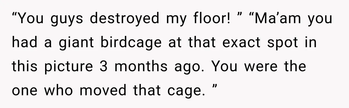 “You guys destroyed my floor! ” “Ma’am you had a giant birdcage at that exact spot in this picture 3 months ago. You were the one who moved that cage....