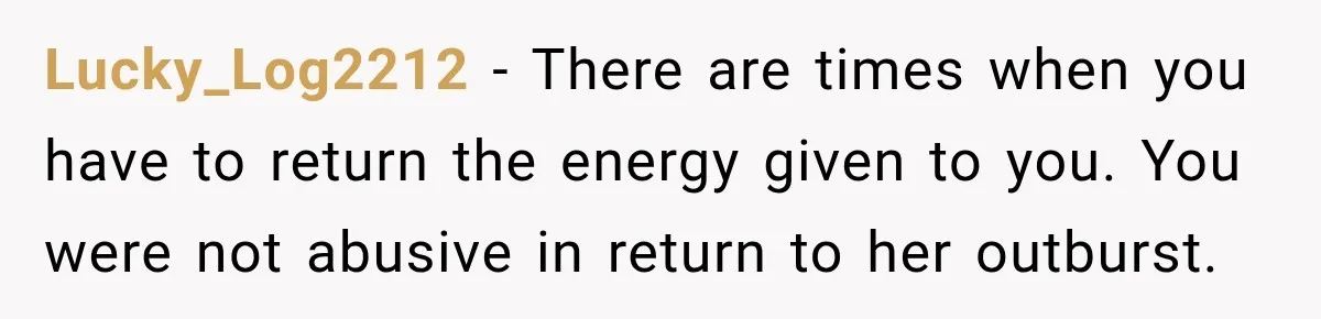 Lucky_Log2212 − There are times when you have to return the energy given to you. You were not abusive in return to her outburst.