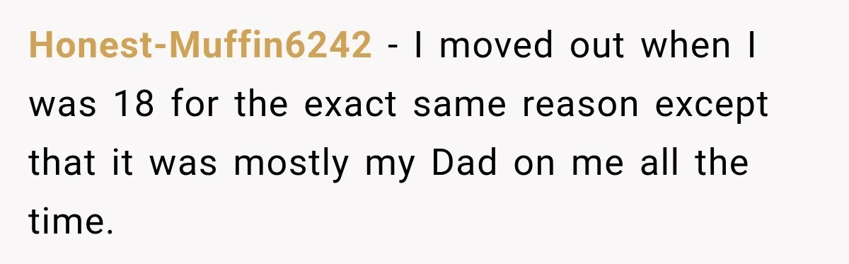 Honest-Muffin6242 − I moved out when I was 18 for the exact same reason except that it was mostly my Dad on me all the time.