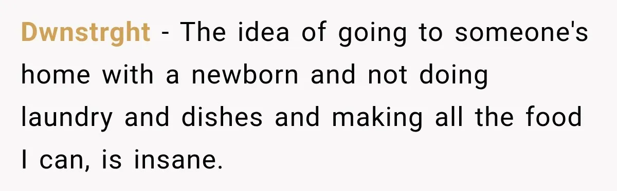 Dwnstrght − The idea of going to someone's home with a newborn and not doing laundry and dishes and making all the food I can, is insane.