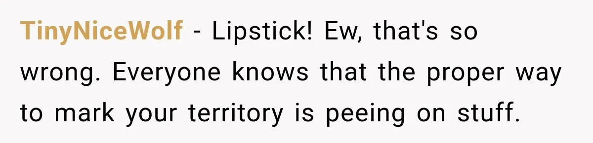 Gym Woman Marks Equipment With Lipstick, Then Gets A Lesson In Gym Etiquette TinyNiceWolf − Lipstick! Ew, that's so wrong. Everyone knows that the proper way to mark your territory is peeing on stuff.