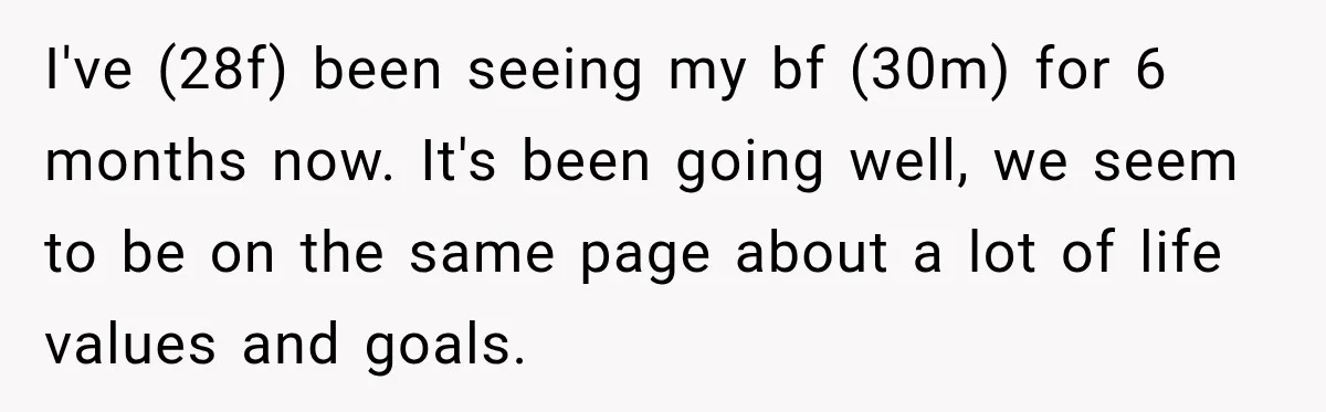 I've (28f) been seeing my bf (30m) for 6 months now. It's been going well, we seem to be on the same page about a lot of life values and...