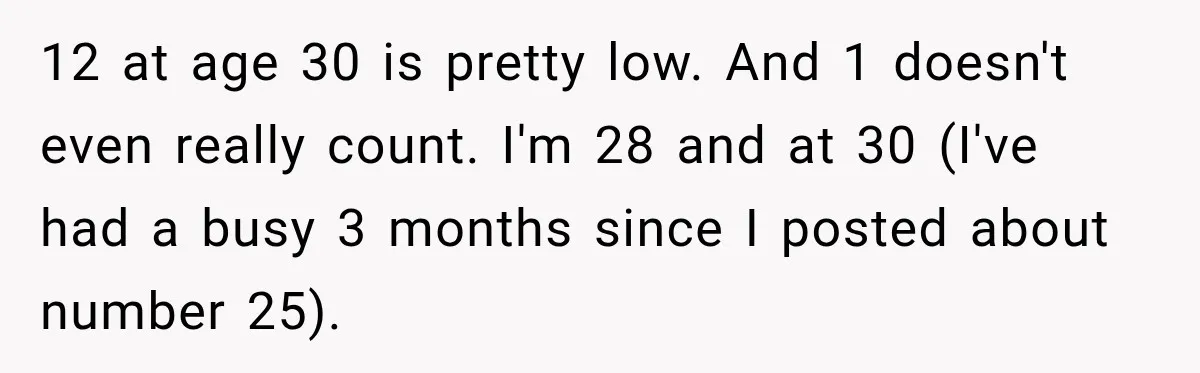 12 at age 30 is pretty low. And 1 doesn't even really count. I'm 28 and at 30 (I've had a busy 3 months since I posted about number 25).
