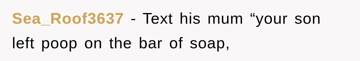 Sea_Roof3637 − Text his mum “your son left poop on the bar of soap,