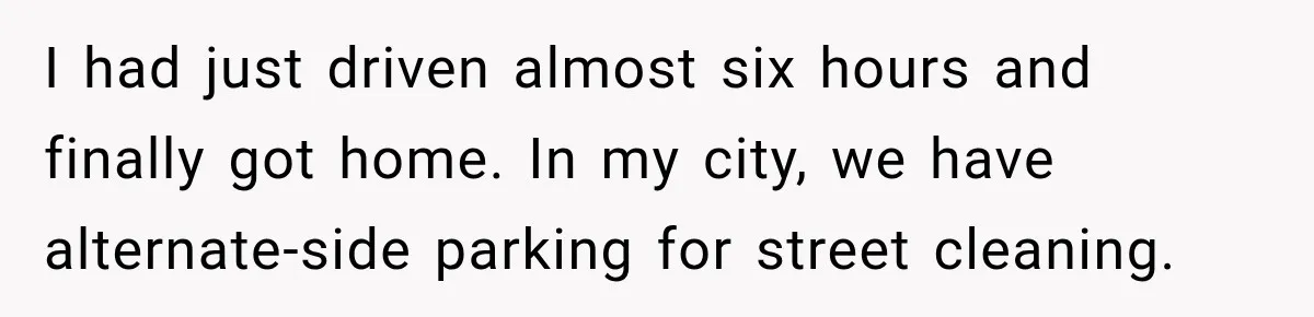 I had just driven almost six hours and finally got home. In my city, we have alternate-side parking for street cleaning.