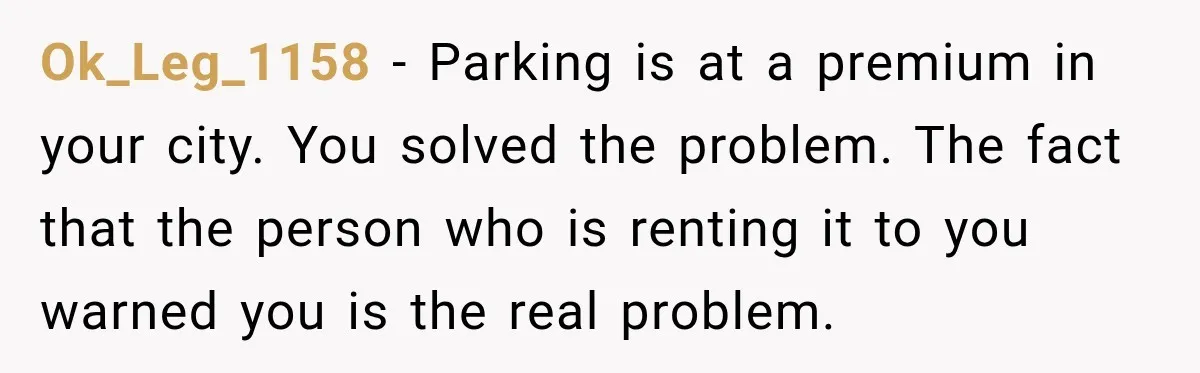 Ok_Leg_1158 − Parking is at a premium in your city. You solved the problem. The fact that the person who is renting it to you warned you is the real...