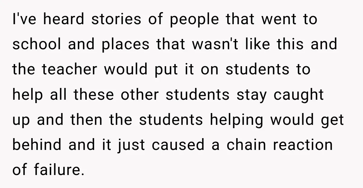 I've heard stories of people that went to school and places that wasn't like this and the teacher would put it on students to help all these other students stay...