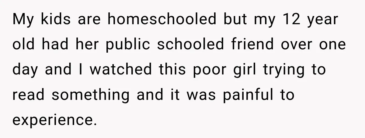My kids are homeschooled but my 12 year old had her public schooled friend over one day and I watched this poor girl trying to read something and it was...