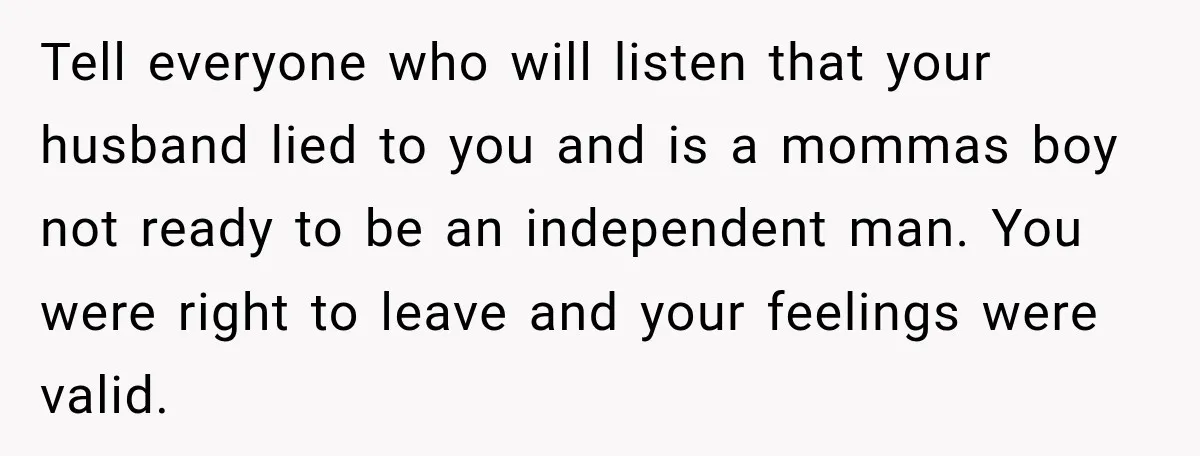 Tell everyone who will listen that your husband lied to you and is a mommas boy not ready to be an independent man. You were right to leave and your...