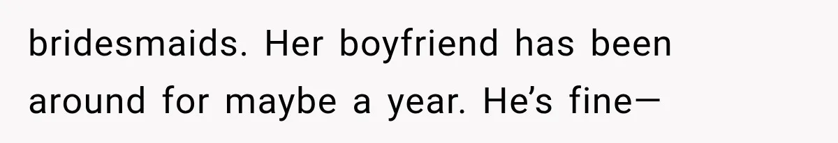 bridesmaids. Her boyfriend has been around for maybe a year. He’s fine—
