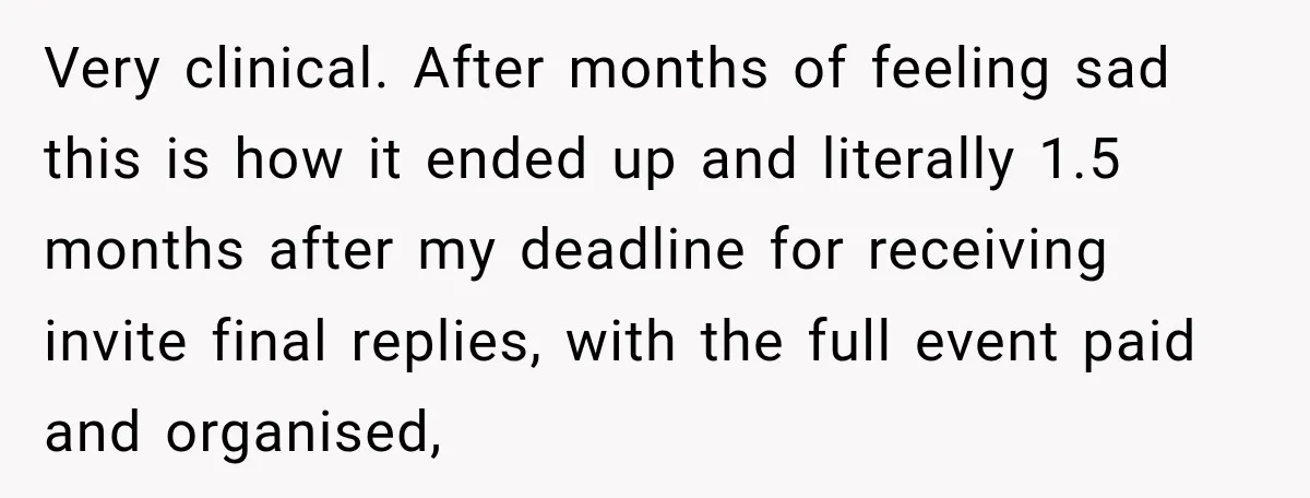 Very clinical. After months of feeling sad this is how it ended up and literally 1.5 months after my deadline for receiving invite final replies, with the full event paid...