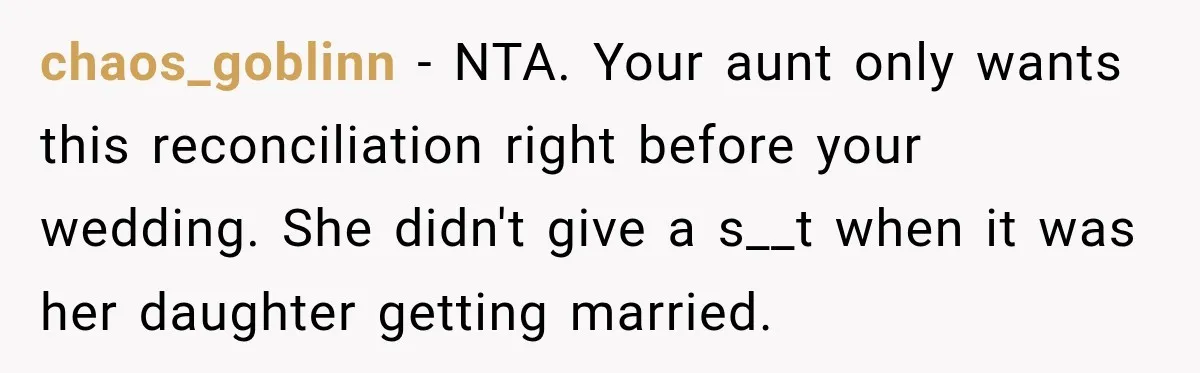 chaos_goblinn − NTA. Your aunt only wants this reconciliation right before your wedding. She didn't give a s__t when it was her daughter getting married.