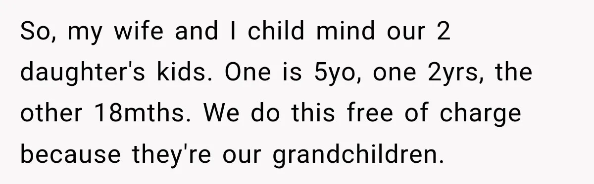 They Booked a Weeklong Holiday, and Their Daughter Was Furious They Hadn't Asked Permission So, my wife and I child mind our 2 daughter's kids. One is 5yo, one 2yrs, the other 18mths. We do this free of charge because they're our grandchildren.