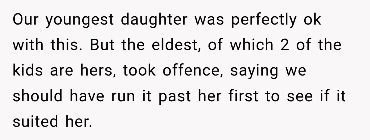They Booked a Weeklong Holiday, and Their Daughter Was Furious They Hadn't Asked Permission Our youngest daughter was perfectly ok with this. But the eldest, of which 2 of the kids are hers, took offence, saying we should have run it past her first...