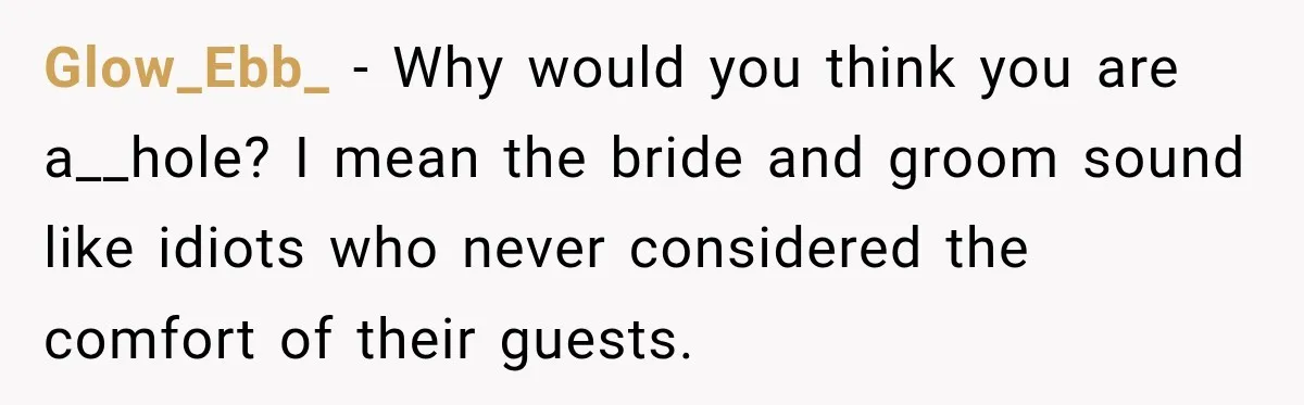 Glow_Ebb_ − Why would you think you are a__hole? I mean the bride and groom sound like idiots who never considered the comfort of their guests.
