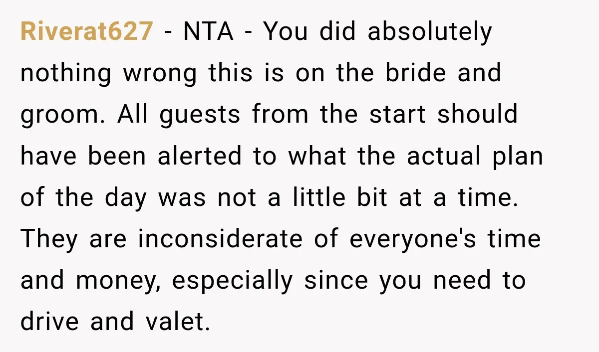 Riverat627 − NTA - You did absolutely nothing wrong this is on the bride and groom. All guests from the start should have been alerted to what the actual plan...