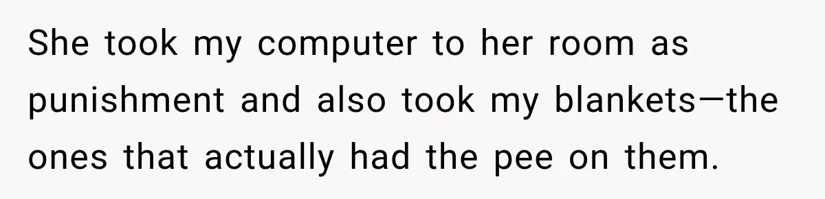 She took my computer to her room as punishment and also took my blankets—the ones that actually had the pee on them.