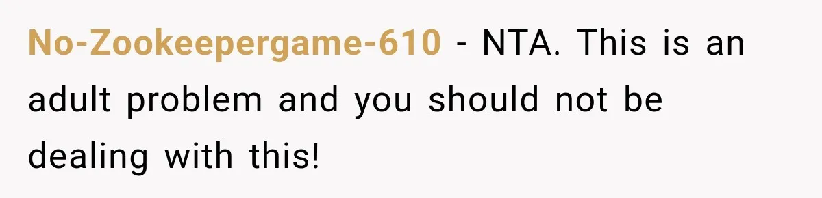 No-Zookeepergame-610 − NTA. This is an adult problem and you should not be dealing with this!
