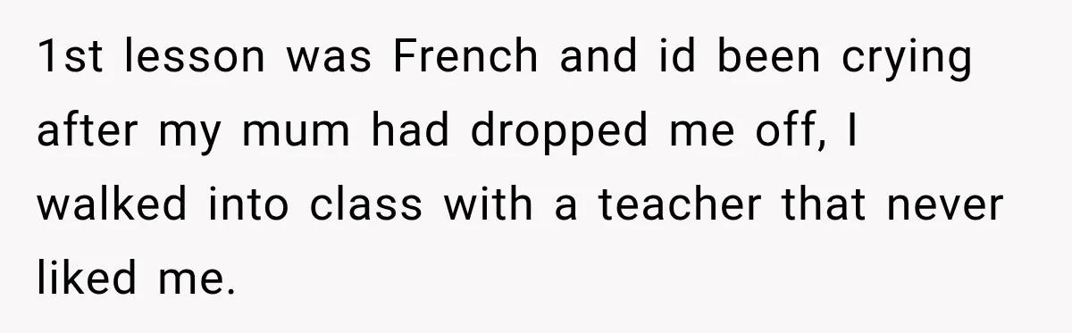 1st lesson was French and id been crying after my mum had dropped me off, I walked into class with a teacher that never liked me.