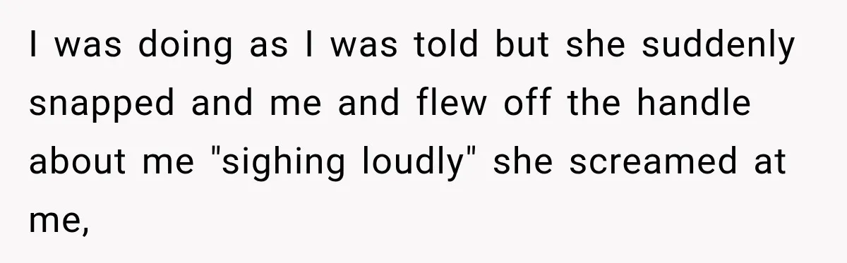 I was doing as I was told but she suddenly snapped and me and flew off the handle about me "sighing loudly" she screamed at me,