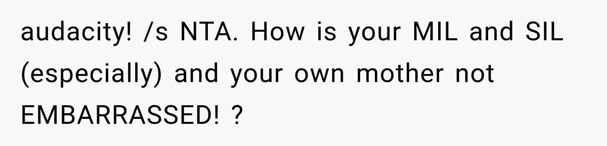 audacity! /s NTA. How is your MIL and SIL (especially) and your own mother not EMBARRASSED! ?