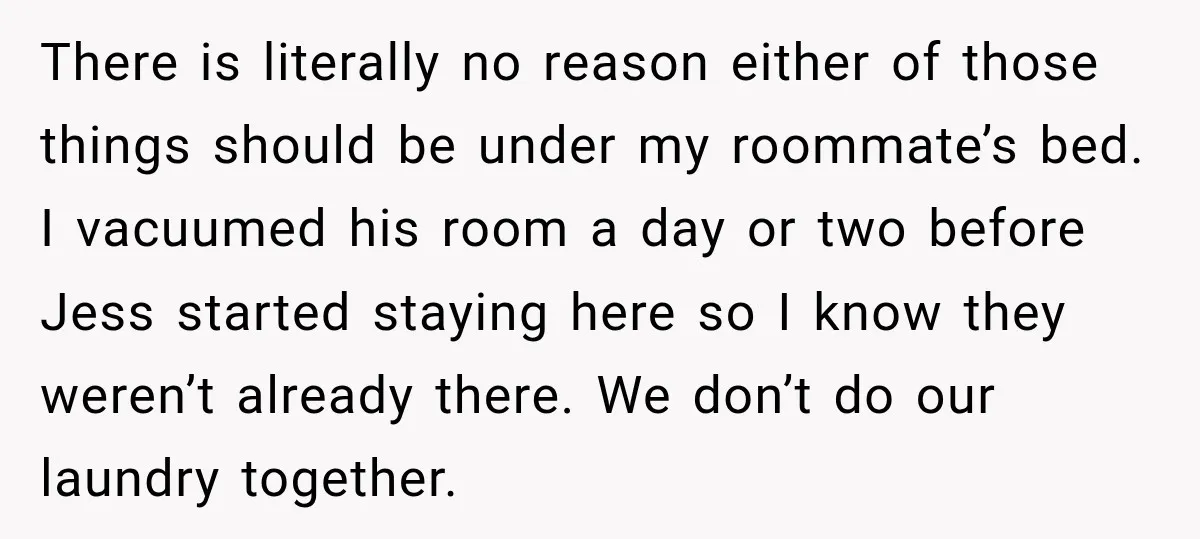 There is literally no reason either of those things should be under my roommate’s bed. I vacuumed his room a day or two before Jess started staying here so I...