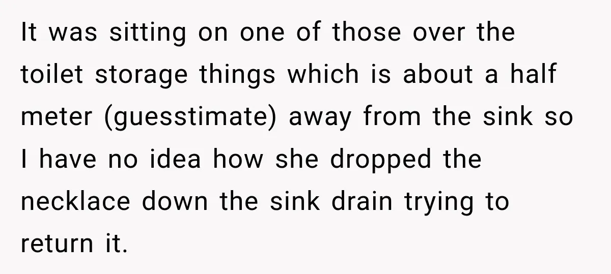 It was sitting on one of those over the toilet storage things which is about a half meter (guesstimate) away from the sink so I have no idea how she...