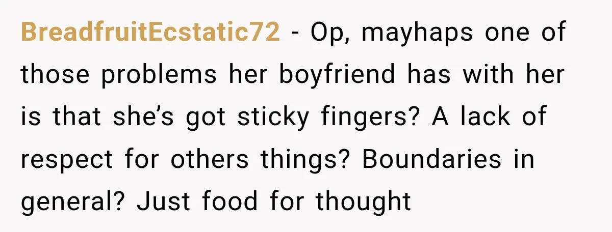 BreadfruitEcstatic72 − Op, mayhaps one of those problems her boyfriend has with her is that she’s got sticky fingers? A lack of respect for others things? Boundaries in general? Just...