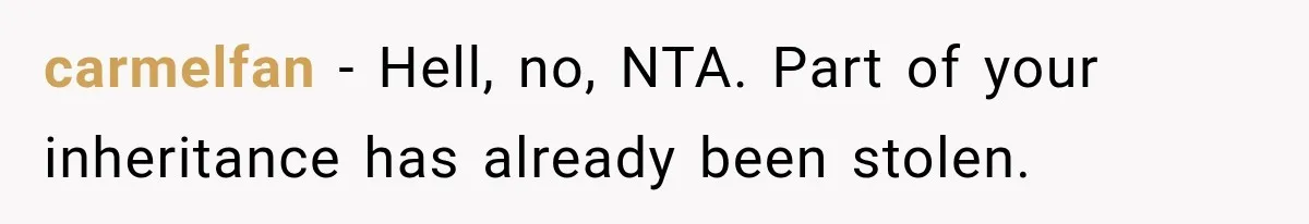 carmelfan − Hell, no, NTA. Part of your inheritance has already been stolen.