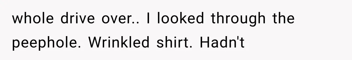 whole drive over.. I looked through the peephole. Wrinkled shirt. Hadn't