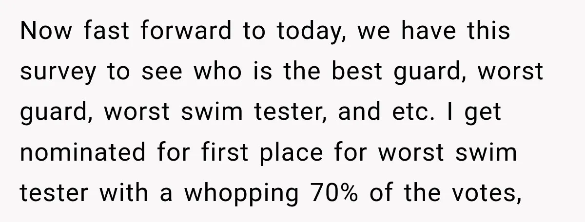 Now fast forward to today, we have this survey to see who is the best guard, worst guard, worst swim tester, and etc. I get nominated for first place for...