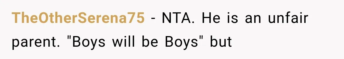 TheOtherSerena75 − NTA. He is an unfair parent. "Boys will be Boys" but