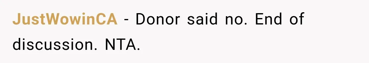 JustWowinCA − Donor said no. End of discussion. NTA.